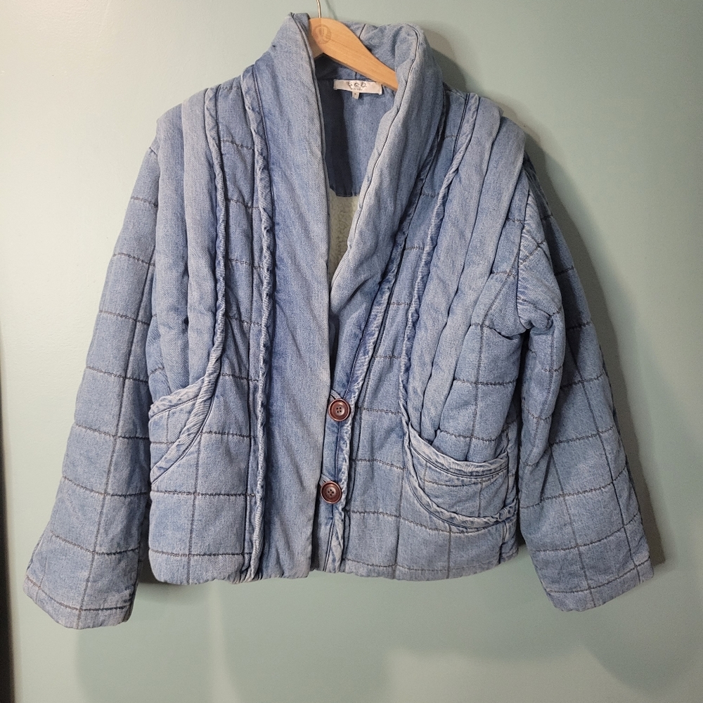Sea New York Vida Denim Quilt Lined Cozy Faux Sherpa Puffer Coat Size S